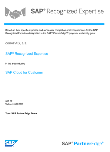 SAP® Recognized Expertise for SAP Cloud for Customer certificate SAP® Recognized Expertise for SAP Cloud for Customer certificate